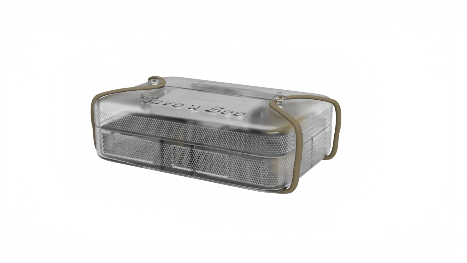 3D concept render of the Save a Bee kit, closed — the frosted honeycomb-embossed shell. No kit has been manufactured yet.
