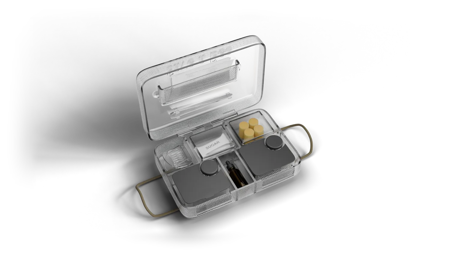 3D concept render of the open Save a Bee kit from above — two shaded bee pods, the amber bee-water dropper, sugar sachets, spare sponges, the plunger catch-cage and tweezers in the lid. No kit has been manufactured yet.